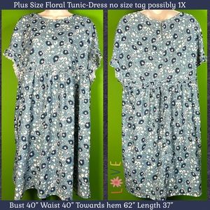 SWINGY TUNIC DRESS FITS CLOSEST TO 1X DUSTY BLUE FLORAL RUFFLE HEM GUC COTTAGE
